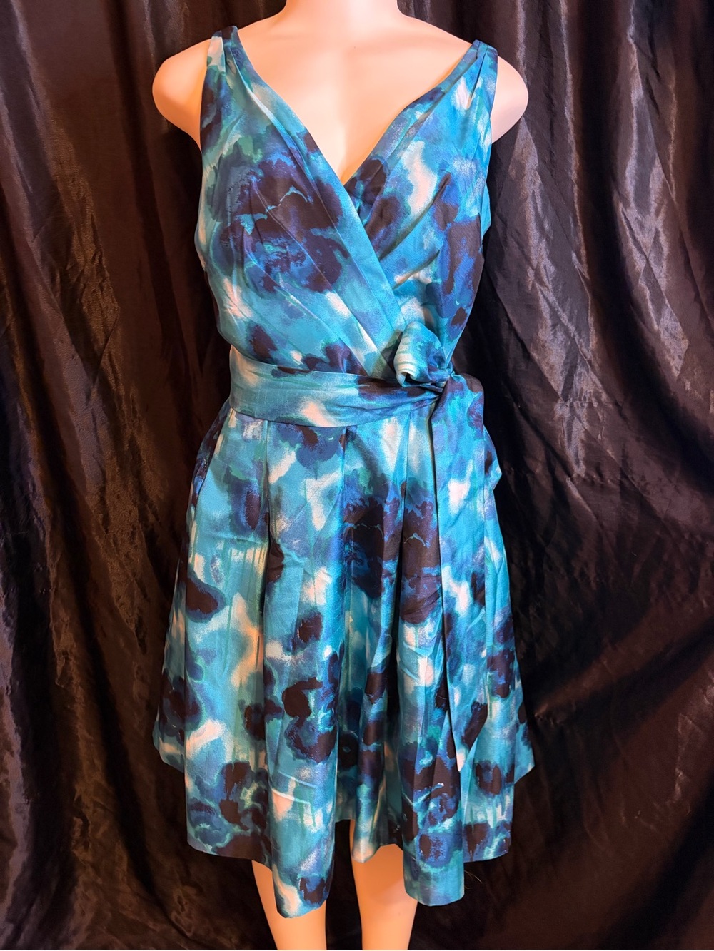 Evan Picone Blue Abstract One-Shoulder Wrap Dress